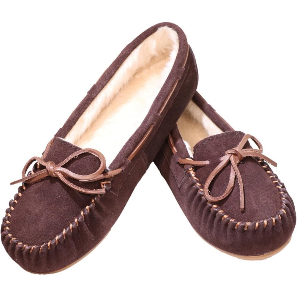 Women's Dark Brown Leather Faux Fur Pile lace Up Cozy Bow Warm Slippers Shoes